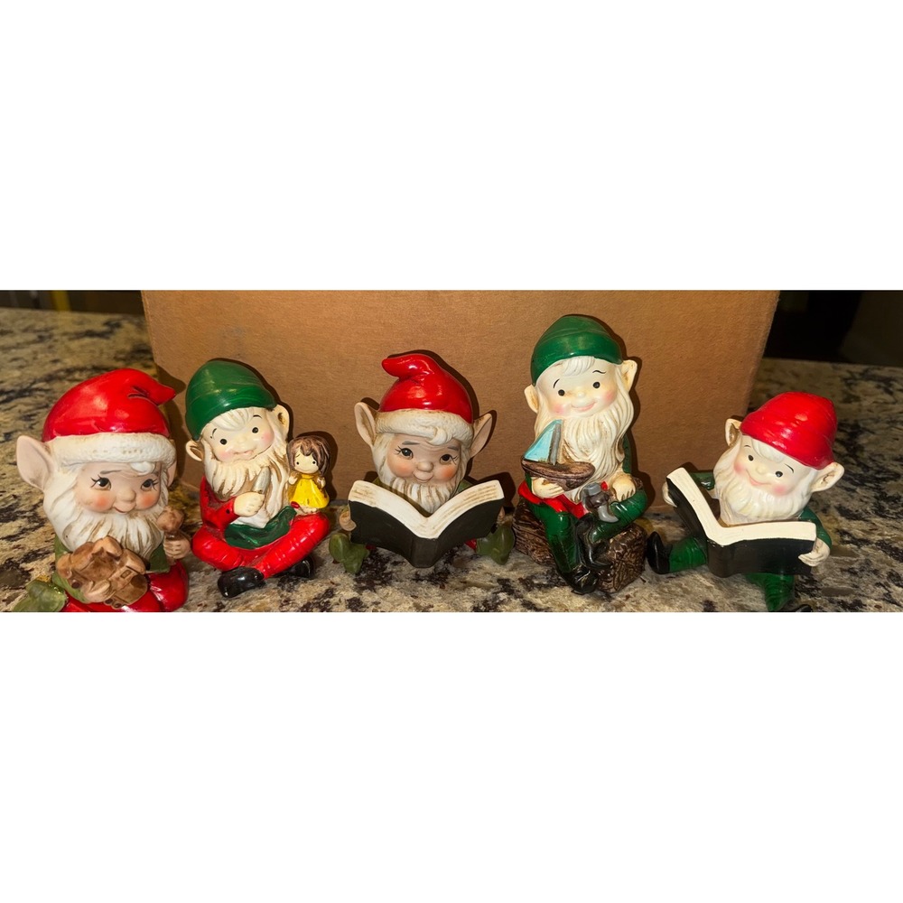 Vintage Homco Christmas Elf Gnomes Ceramic Figurines Set of 5 Red Green